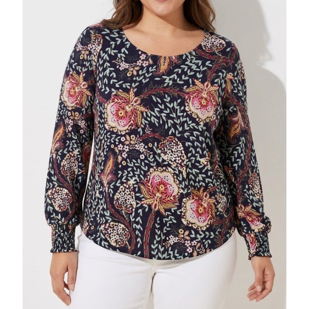 New LOFT Plus Blouse size 22 Navy Floral Paisley Smocked Cuff Soft Rayon Top